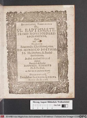 Disputatio Theologica De SS. Baptismate, Primo Novi Foederis Sacramento