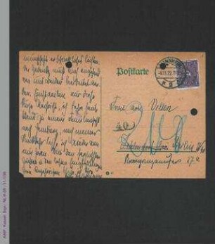 Postkarte von Julie Bassermann an Dorothee von Velsen