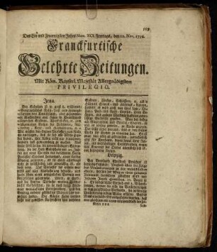 Num. XCI. Freytags, den 12. Nov. 1756. - Num. C. Dienstags, den 14. Dec. 1756.