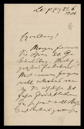91: Brief von Rudolph Sohm an Gottlieb Planck, Leipzig, 23.6.1901