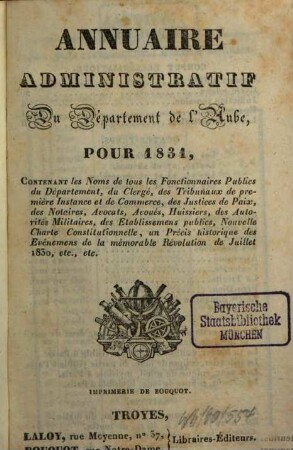 Annuaire administratif, statistique et commercial du Département de l'Aube : pour ... 1831