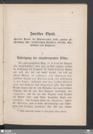 Zweiter Theil. Specielle Praxis der Photokeramik nebst genauer Beschreibung aller erforderlichen Utensilien, Geräthe, Chemikalien und Präparate