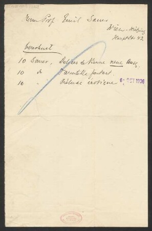 Notiz zu einer Abrechnung mit Emil Sauer : 06.10.1906