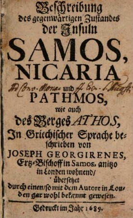 Beschreibung des gegenwärtigen Zustandes der Insuln Samos, Nicaria und Pathmos, wie auch des Berges Athos