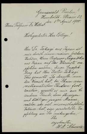Nr. 1: Brief von Hermann Amandus Schwarz an David Hilbert, Berlin, 1.4.1900