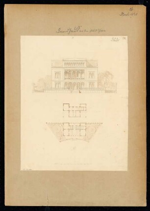Landhaus vor dem Potsdamer Tor, Berlin Monatskonkurrenz November 1830: Lageplan mit Grundriss Erdgeschoss, Dachgeschoss, Aufriss Straßenansicht; Maßstabsleiste