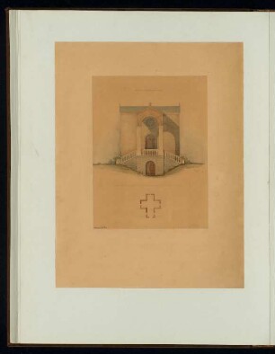 Grabkapelle Monatskonkurrenz April 1867: Grundriss (Skizze), Aufriss Vorderansicht; Maßstabsleiste
