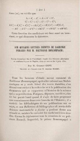 Sur quelques lettres inédites de Lagrange publiées par M. Balthasar Boncompagni.