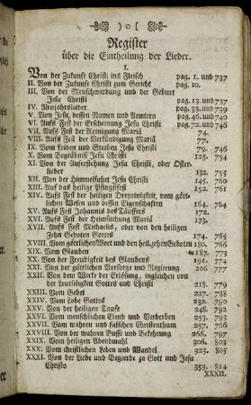 Register über die Eintheilung der Lieder.