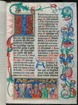 Bas-de-page-Miniatur: Christus entsendet die zwölf Apostel (Divisio Apostolorum); historisierte Initiale zum Commune sanctorum: I(am non estis hospites); Rankenbordüre