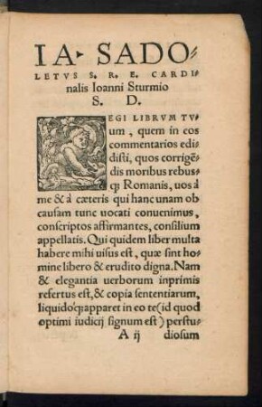 Ia. Sadoletus S. R. E. Cardinalis Ioanni Sturmio S. D.