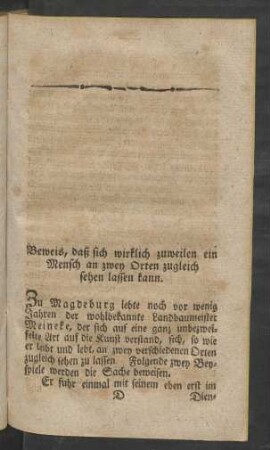 Beweis, daß sich wirklich zuweilen ein Mensch an zwey Orten zugleich sehen lassen kann