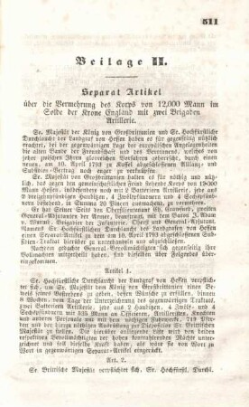 Beilage II. Separat Artikel über die Vermehrung des Korps von 12.000 Mann im Solde der Krone England mit zwei Brigaden Artillerie.