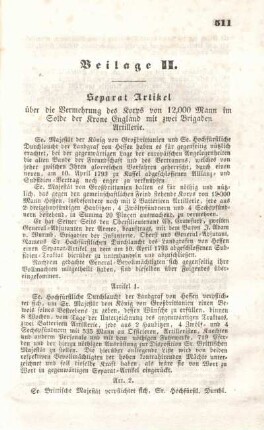 Beilage II. Separat Artikel über die Vermehrung des Korps von 12.000 Mann im Solde der Krone England mit zwei Brigaden Artillerie.