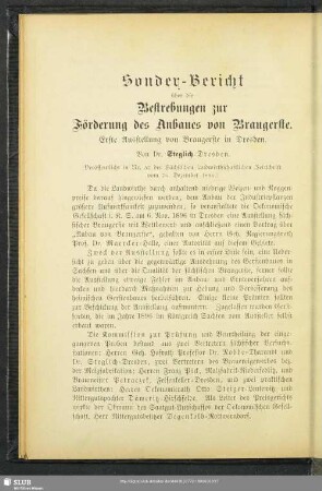 Sonder-Bericht über die Bestrebungen zur Förderung des Anbaues von Braugerste : Erste Ausstellung von Braugerste in Dresden