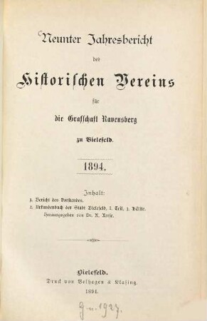 Jahresbericht des Historischen Vereins für die Grafschaft Ravensberg. 9. 1894