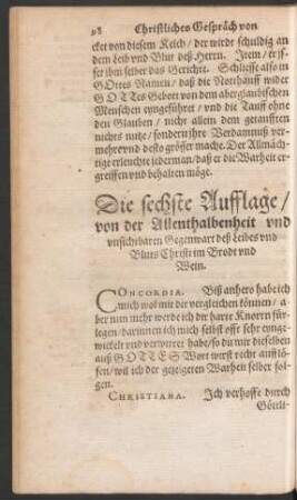 Die sechste Aufflage/ von der Allenthalbenheit ...