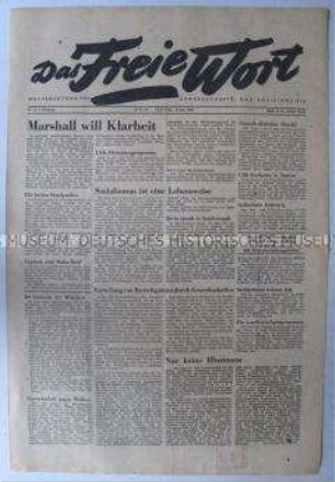 (West)-Berliner Gewerkschaftszeitung "Das Freie Wort" u.a. zum Marshall-Plan