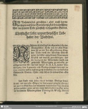 Christlicher Leser, unpartheyischer Liebhaber der Wahrheit