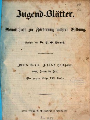 Jugendblätter. 1851,1 = Jan. - Juni = Ser. 2, Halbj. 10 = Bd. 30