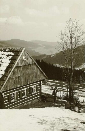 Groß Aupa (heute Pec pod Sněžkou-Velká Úpa / Tschechien). Riesengebirgshaus im Ortsteil Braunberg. Blick ins Aupatal abwärts