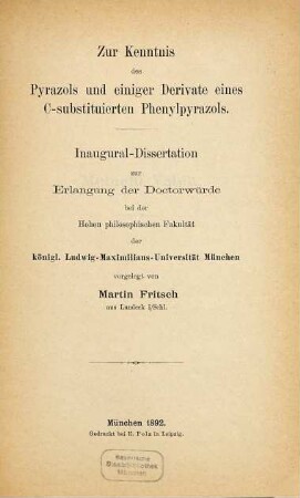 Zur Kenntnis des Pyrazols und einiger Derivate eines C-substituierten Phenylpyrazols ...
