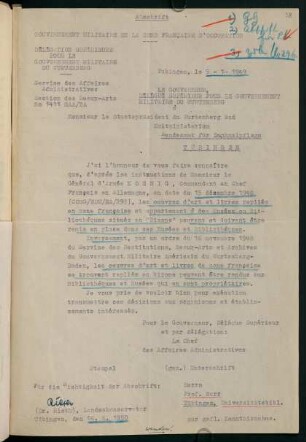 Abschrift: Gouvernement militaire de la zone francaise d´occupation an das Landesamt für Denkmalpflege (16.06.1950)