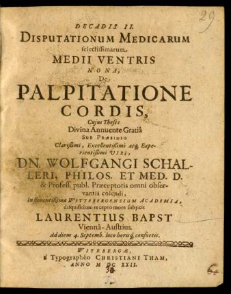 Decadis II. Disputationum Medicarum selectissimarum Medii Ventris Nona, De Palpitatione Cordis