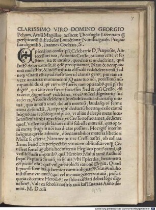 Clarissimo Viro Domino Georgio Peham ... Ioannes Coclaeus, S. Epicedion ... In obitu[m] Antonii Cressi, I.V. Doctoris, Praepositi Ecclesiae Sancti Laurentii, ...