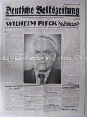 Tageszeitung der KPD "Deutsche Volkszeitung" zum 70. Geburtstag von Wilhelm Pieck (Hochglanzausgabe)