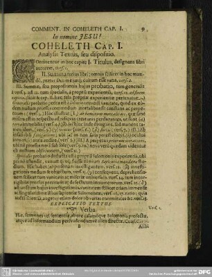 Coheleth Cap. I. Analysis Textus, seu dispositio