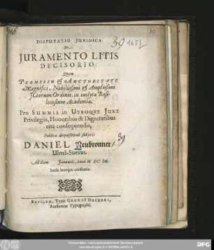 Disputatio Iuridica De Iuramento Litis Decisorio