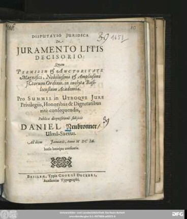 Disputatio Iuridica De Iuramento Litis Decisorio