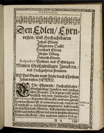 Den Edlen/ Ehrnvesten/ und Hochachtbaren Johan Elvern. Jürgen von Dassel. Leonhard Elvern. Jürgen Töbing. Heinrich Elvern [...]