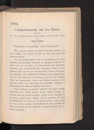 Gedächtnisrede auf Ivo Bruns gesprochen bei der akademischen Trauerfeier am 24. Mai 1901 von Alfred Schöne.