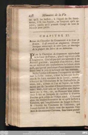 Chapitre XI. Retour du Chevalier de Grammont à la Cour de France. Il est renvoié en Angleterre. Diveses Intrigues amoureuses de cette Cour, & Mariages de la plupart des Héros de ces Mémoires.