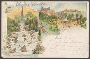 Ansichtskarte "Wassersturz im Victoria-Park" und Belle-Alliance Platz, koloriert