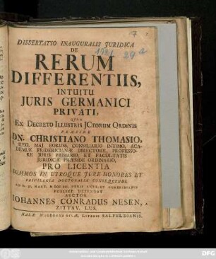 Dissertatio Inauguralis Juridica De Rerum Differentiis, Intuitu Juris Germanici Privati