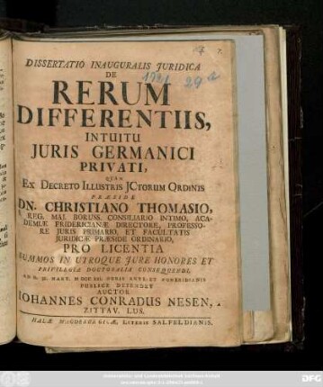 Dissertatio Inauguralis Juridica De Rerum Differentiis, Intuitu Juris Germanici Privati