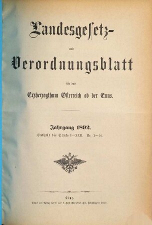 Landesgesetz- und Verordnungsblatt für Oberösterreich. 1892, 1892