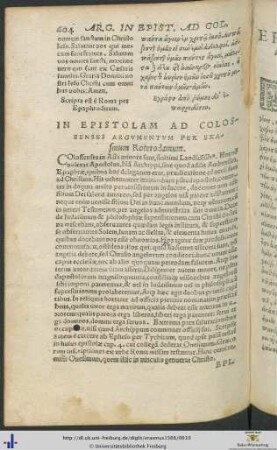 IN EPISTOLAM AD COLOSSENSES ARGUMENTUM PER ERAsmum Roterodamum