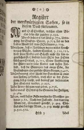 Register der merckwürdigsten Sachen, so in diesem Buch fürkommen.