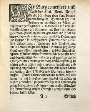 Verneuerte Gesetz und Ordnung eines Hoch Edlen und Hochweisen Raths, des Heiligen Reichs Stadt Nürnberg, vor die offene Specerey-Händler, und was zu dero Handel gehörig