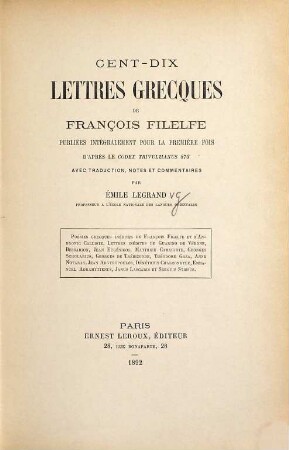 Cent-dix lettres grecques de François Filelfe
