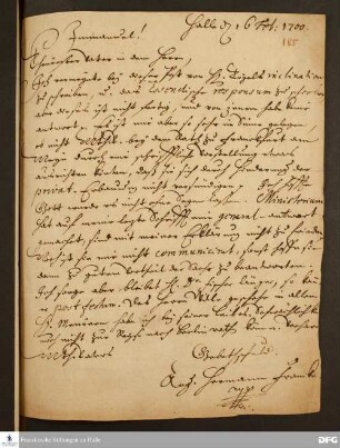 Brief von August Hermann Francke an Philipp Jakob Spener.