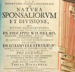 Dissertatio Ivridica Inavgvralis De Natvra Sponsaliorvm Et Divisione