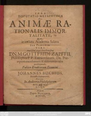 Disputatio Metaphysica De Animae Rationalis Immortalitate