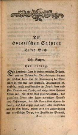 Horazens Satyren : aus dem Lateinischen übersezt und mit Einleitungen und erläuternden Anmerkungen versehen, Erster Theil