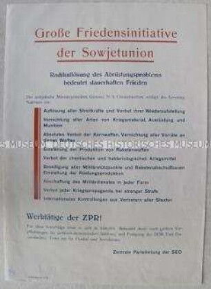 Propagandaflugblatt der SED zu den Abrüstungsvorschlägen der Sowjetunion