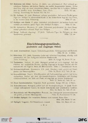 Einrichtungsgegenstände, geschnitzte und eingelegte Möbel (Nr. 740-832)